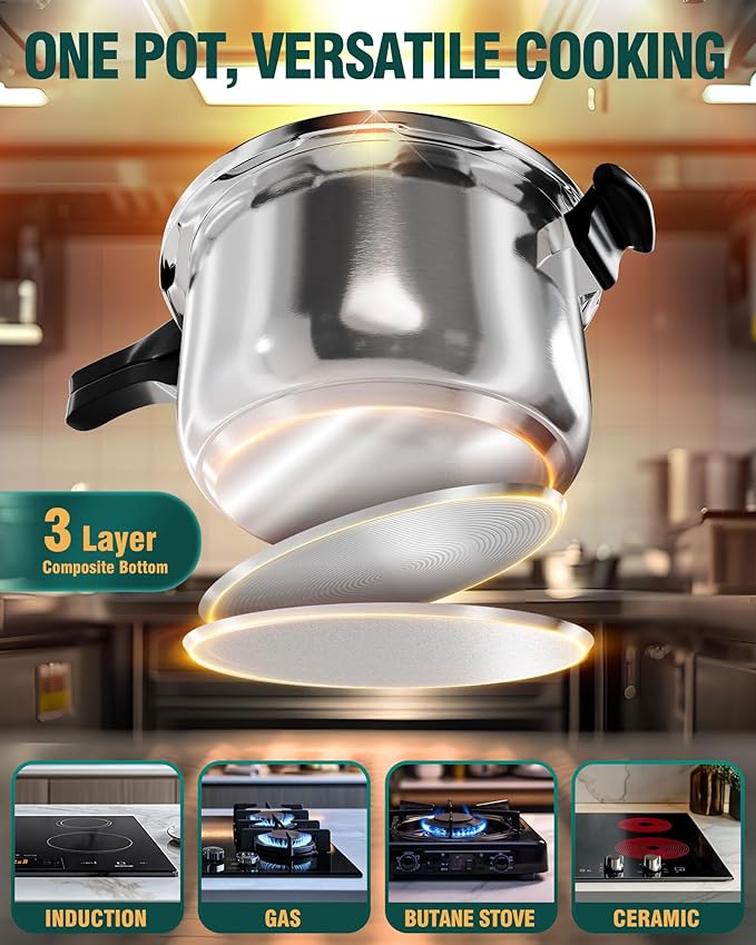 WantJoin Stainless Steel Pressure Cooker(Non-Aluminum),11 Quart Induction Compatible Pressure Cooker with Spring Valve Safeguard Devices,Compatible with Gas & Induction Cooker