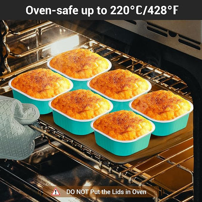 EUSOAR Aluminum Foil Baking Cups with Lids, Blue 10oz 50pcs Creme Brulee Cups, Disposable Ramekins, Muffin Cups for Baking, Square Cupcake Pans, Mini Cake loaf Bread Pans