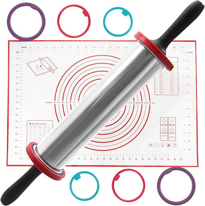 SHIKORI Rolling Pin,Adjustable Rolling Pin with Thickness Rings, Stainless Steel Dough Roller Baking Supplies for Pizza Pastry Fondant Pie Pasta-Red