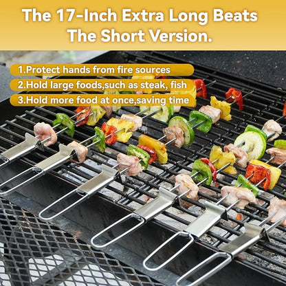Skewers for Grilling- 17 inch (6 Pack) Double Pronged Flat Stainless Steel BBQ Skewer with Push Bar- Kabob Skewers Skewer Sticks for Camping or family - Reusable, BBQ Accessories