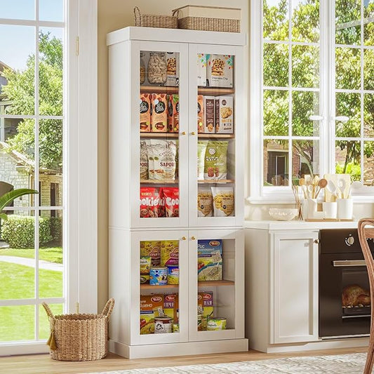 70.8" Tall Farmhouse Kitchen Pantry Cabinet with Glass Doors, Modular Storage Cabinet with 6-Tier Adjustable Shelves, White, Wooden Hutch for Kitchen, Living Room