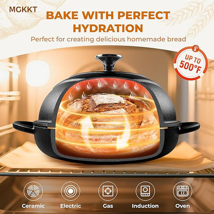 MGKKT Enamelled Cast Iron Dutch Oven with Cloche Lid, 5QT Round Bread Pot for Sourdough Bread Baking, Baking Enthusiast Gift, Cast Iron Bread Oven, Black