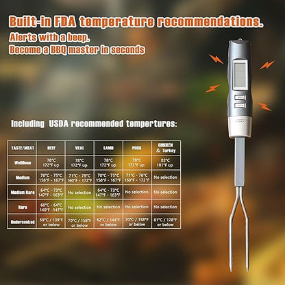 Meat Thermometer Fork with Electronic Ready Alarm, Digital Cooking Thermometer with Instant Read, LCD Display and Led Light, Grill Thermometers for BBQ Grilling Gadgets Steak Pork