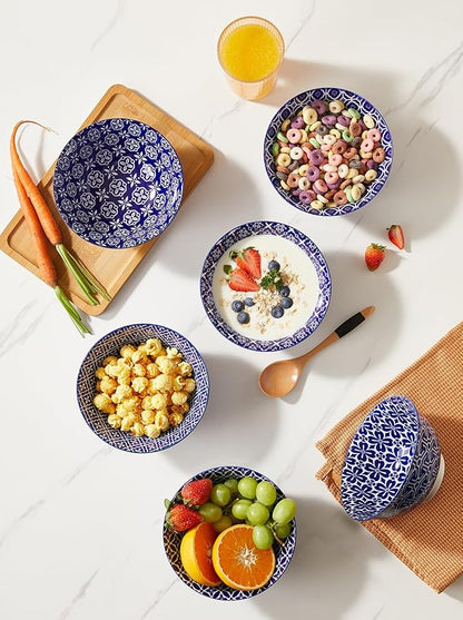 Ceramic Cereal Bowls, 23 Oz Blue and White Bowls, Porcelain Soup Bowl Set for Salad, Dessert, Pasta, Ice Cream,Set of 6