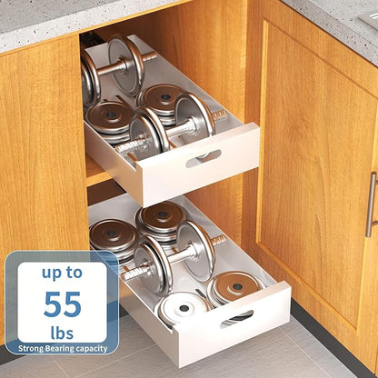 HBL' 1 Pack | 21" Deep Pull Out Cabinet Organizer Adhesive, 10-Inch Wide Sturdy Carbon Steel Roll-Out Drawers for Face Frame or Frameless Cabinets,Slide-Out Shelves for Pantry.