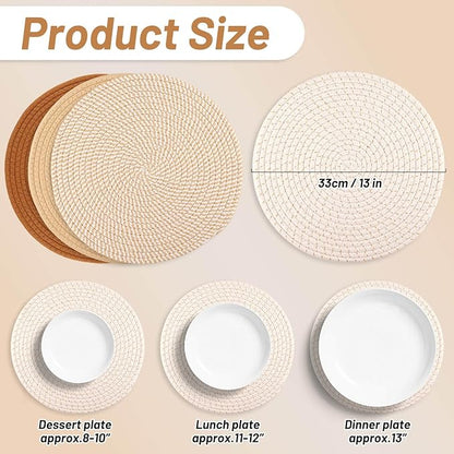 Billbotk Round Woven Placemats Set of 4, 13 Inches Kitchen Table Place Mats for Dining Table, Trivets for Hot Pots and Pans, Boho Table Setting Decor, Fall Decorations for Home