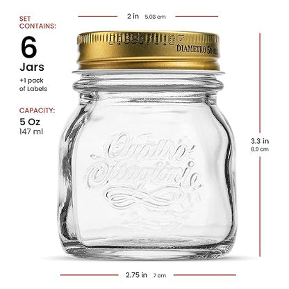 Bormioli Rocco Quattro Stagioni Small Glass Mason Jars 5 Ounce Mini Jars (6-Pack) with Metal Airtight Lid, For Jam, Jelly, baby food, Crafts, Spices, Dry Food Storage, Wedding favors, Decorating Jar