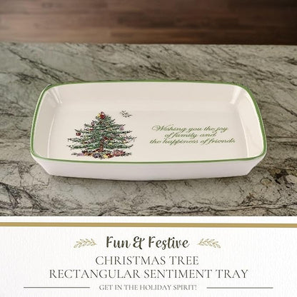 Spode Christmas Tree Rectangular Sentiment Tray (7" x 5") - Festive Earthenware Serving Plate for Holiday Snacks, Side Dishes, Treats, Durable Christmas Tableware - Microwave & Dishwasher Safe