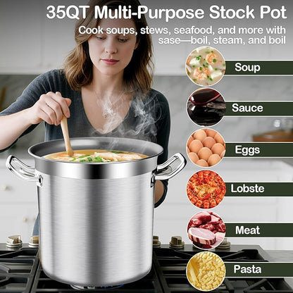 Large Stock Pot-35QT Stainless Steel Stockpot with Lid, Heavy Duty Tri-Ply Bottom Commercial Grade Stock Pot & Stockpots for Boiling Cooking Soup Stew Canning Cooking Pots, Cookware Sauce Pot