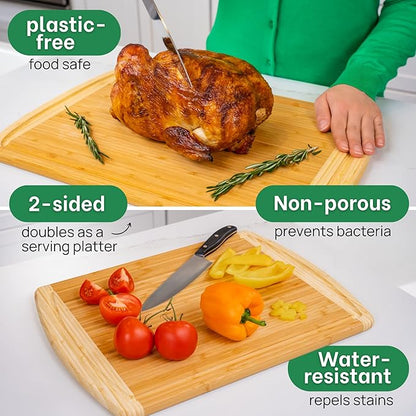 Organic Extra Large Bamboo Cutting Board with Lifetime Replacements –18 x 12 Inch Reversible Wooden Kitchen Chopping Board with Juice Groove – Used to Chop, Slice, Carve & Serve – by Greener Chef