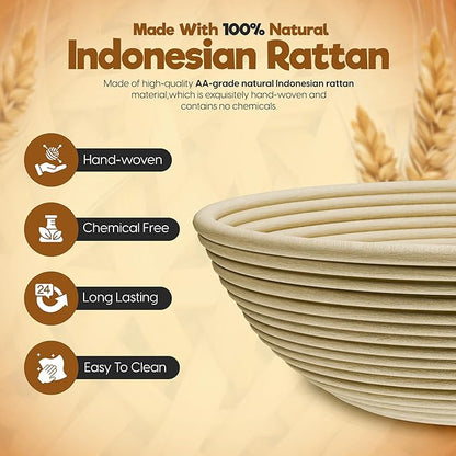 KITTICH Banneton Bread Proofing Basket with Essentials Set, 10 Inch Oval and 9 Inch Round Rattan Baskets with Linen Liners, Perfect for Sourdough Starter Kit - Sourdough Bread Baking Supplies