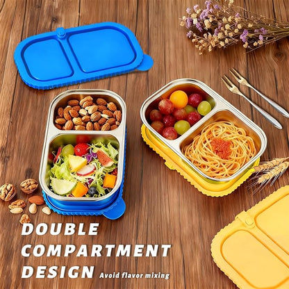 Stainless Steel Snack Containers with Silicone Lids - 2 Compartment Metal Bento Lunch Box, Leak-Proof Reusable Lunch Meal Prep Containers with 2 Forks for School, Office, Travel (Blue+Yellow, 2 Pack)
