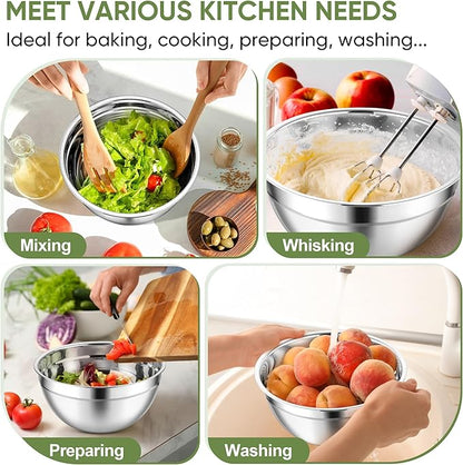 TeamFar Mixing Bowls, 3PCS Stainless Steel Serving Salad Bowls with Lids & 3 Graters, For Kitchen Mixing/Baking/Storing/Prepping, Visible & Airtight, Easy Clean - 4.5/3 / 1.5 QT, Khaki