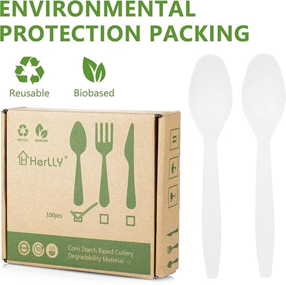Compostable Spoon,100 Biodegradable Silverware for Party,Large Disposable Utensil Eco Friendly Durable and Heat Resistant,Alternative to Plastic Spoon