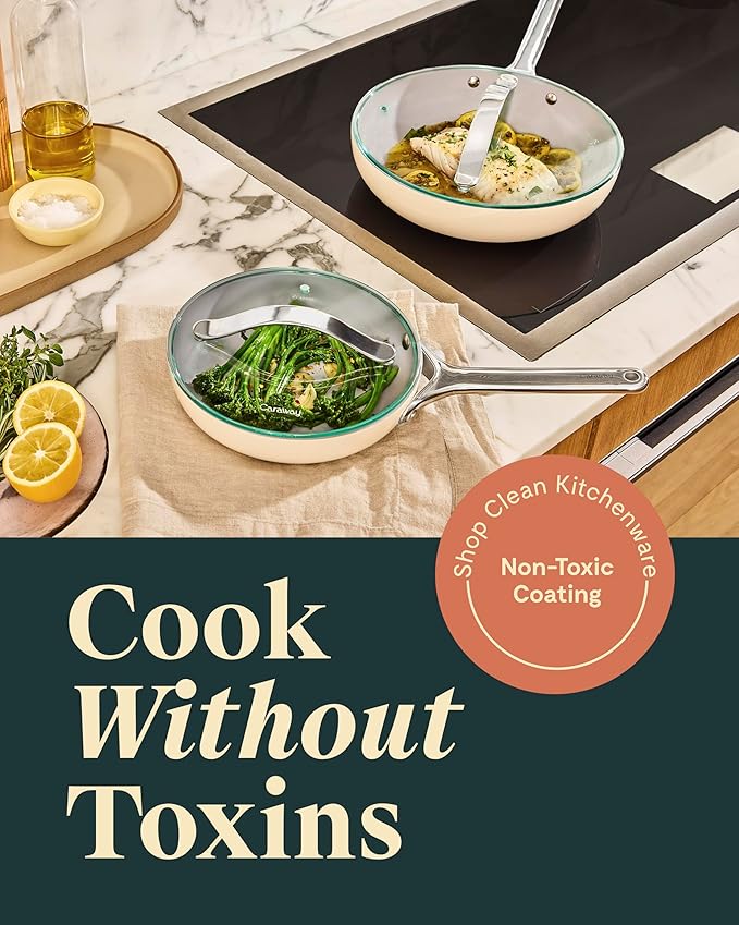 Caraway Ceramic Fry Pan Duo with Glass Lids - Non-Stick Frying Pans (10.5” & 8”) - Non Toxic, PTFE & PFOA Free - Oven Safe & Compatible with All Stovetops – Marigold