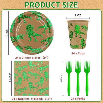 DYLIVeS Green Foil Dinosaur Birthday Party Decorations, Rawr Dinosaur Disposable Tableware Set with 9'' Dinner Plates, Napkins, Cups, Forks - Serves 24
