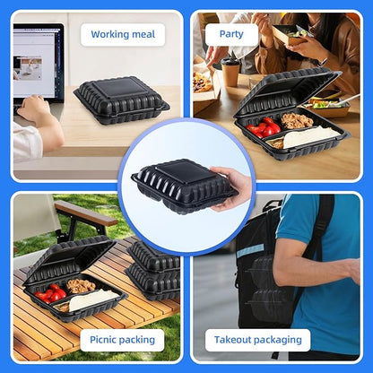 YANGRUI Disposable Containers 7.8" 30 oz 65 Pack - Shrink Wrap BPA Free Mineral Filled PP Plastic Food Container | 3 Compartment Freezer & Microwave Safe | Black Heavy Duty Clamshell Takeout Boxes