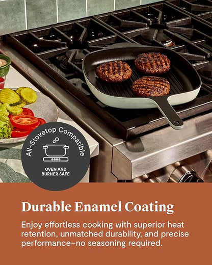 Caraway Enameled Cast Iron Grill Pan - 10.5” Grill Pan for Stovetop Cooking - 3 Layer Enamel Coating - No Seasoning Required - Compatible With All Stovetops - Free From Forever Chemicals - Gray
