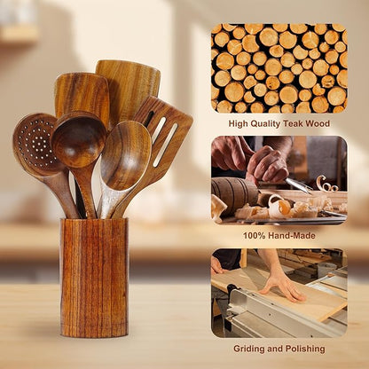 FJNATINH 6 PCS Teak Wooden Cooking Kitchen Utensils Set, Large Wooden Spoons for Cooking Mixing Baking, Non-stick Kitchen Utensils Set Gifts for Women Housewarming Gifts