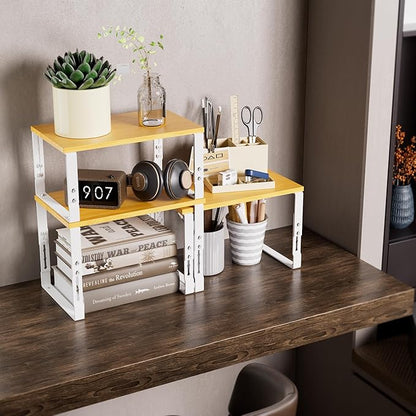 Adjustable Storage Shelves for Kitchen Cabinet Organization - Set of 2 Stackable Metal & Solid Wood Racks, Space-Saving Design for Countertop/Pantry/Garage, Easy Assembly(2 Packs/Large/White)