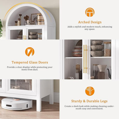 Arched Kitchen Pantry Cabinet with Glass Doors, Display Curio Case with 3 Color LED Lights for Collectibles, Modern 5-Tier Storage Hutch Cabinet, White