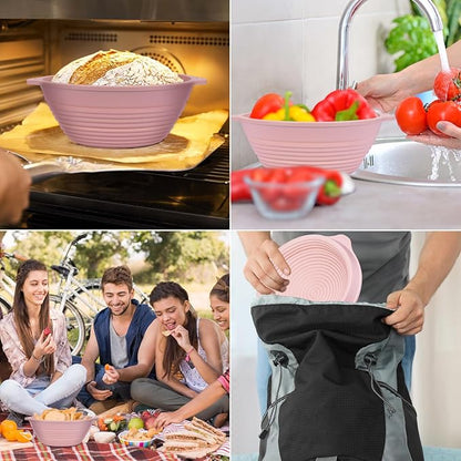 Upgraded Silicone Sourdough Bread Proofing Basket with Handles - Reinforced Rim Support, 9 Inch Non-Stick Round Dough Foldable Bowls for Sourdough Bread Baking, Oven & Dishwasher Safe-BPA Free (Pink)