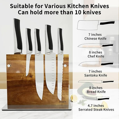 Acacia Wood Magnetic Knife Block Stand with Thickened Acrylic Shield - Double-Sided Powerful Magnet Holder for 10+ Knives, Anti-Slip Base & Space-Saving Design