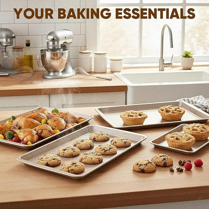 Nonstick Baking Sheet Pan Set of 3, Heavy Duty Cookie Sheets for Oven with Stripe Texture Pattern, 0.6mm Thick Quarter/Half/Jelly Roll Pans, Rust-Resistant & Easy Clean (Champagne Gold)