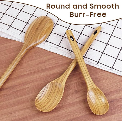 FJNATINH 3PCS Wooden Spoons, Long Handle Wooden Cooking Spoon Nonstick Kitchen Mixing Spoon Serving Spoon| 14-Inch, 12-Inch, 10-Inch | Kitchen Utensil Set Housewarming Gifts