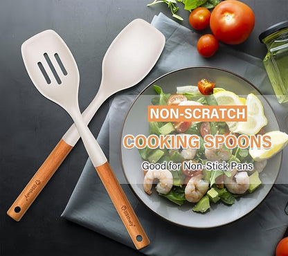 Large Silicone Cooking Spoon Set, 2 Pack Solid Slotted Spoon with Wooden Handle, Nonstick Silicone Kitchen Spoons for Cooking, Heat Resistan Spatula Set for Serving, Basting, Mixing (White)