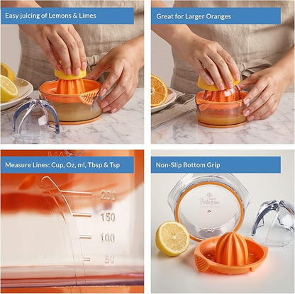 Citrus Squeezer - Orange Juicer - Manual hand Juicer - Lemon Lime Squeezer with Measuring Cup and Strainer - Space Saving and easy to use - Dishwasher Safe - Gift for Women - 8OZ (Orange)