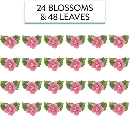 Global Sugar Art Blossoms and Leaves Edible Sugar Cake & Cupcake Flowers, Pink, Small Unwired, 24 Count with Leaves by Chef Alan Tetreault