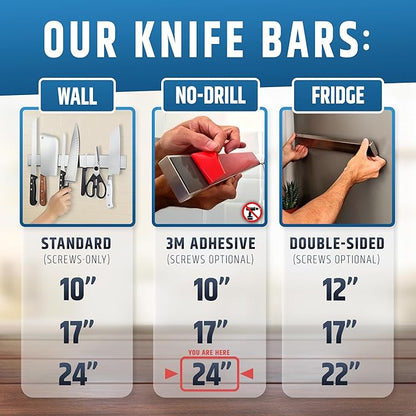 Strong Adhesive (No Drill) Magnetic Knife Holder for Wall - Professional 24 Inch Knife Strip - No Screws Needed - Adhesive Backing - Stainless Steel Knife Bar (Upgraded Version – Will Not Fall)