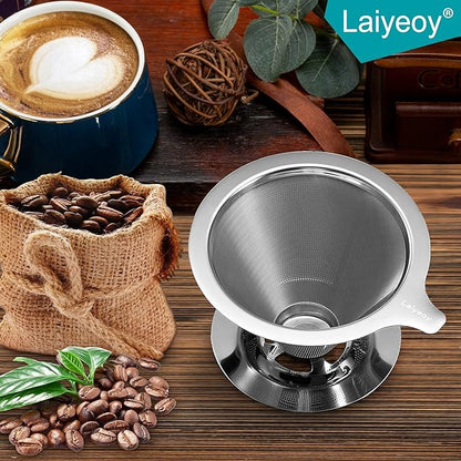 Pour Over Coffee Dripper, Slow Drip Paperless Coffee Filter, Stainless Steel Pour Over Coffee Maker for Single Cup Brew, Double Mesh Design of Manual Reusable Cone Filter.