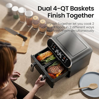 Topzee 8QT Dual Basket Air Fryer – Large Air Fryer with Independent Controls, 8 Preset Modes, Sync & Finish Together, Easy View Windows, Black