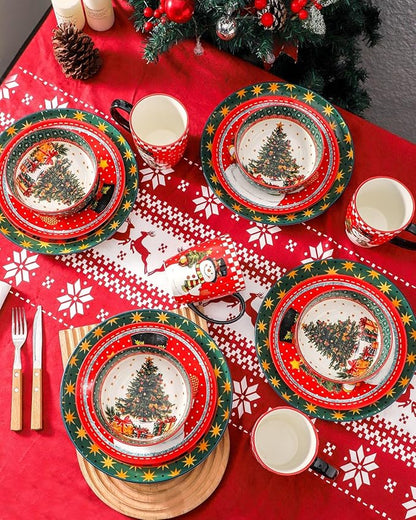 Hasense Christmas Dinnerware Set of 4, Ceramic Plates and Bowls Sets with Mugs, 16 Pieces Chip & Scratch Resistant Party Serving Dishes for Holiday Gift, Microwave and Dishwasher Safe