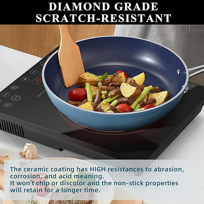 Nuwave 9pc Cookware Set Healthy Duralon Blue Ceramic Nonstick Coated, Diamond Infused Scratch-Resistant, PFAS Free, Oven Safe, Induction Ready & Evenly Heats, Tempered Glass Lids & Stay-Cool Handle
