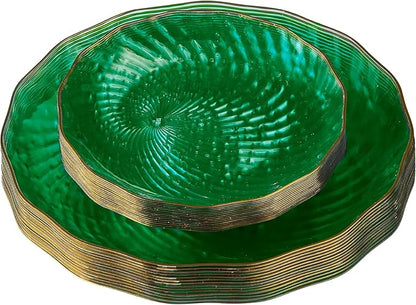 PLASTICPRO 60 Pack Plastic Plates Set of 30-10 inch Plates and 30-7 inch Plate, Elegant Clear Green Spiral and Gold Rim Disposable Fancy Plate Premium Heavyweight