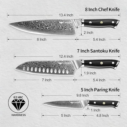 Damascus Knife Set - Haugo 3 PCS Professional Chef Knife Set with Japanese VG10 Steel Core - Ultra Sharp Kitchen Knives and Full Tang G10 Handle - Ronin Series - Gift Box