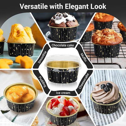 EUSOAR Disposable Ramekins, 200pcs 5oz Aluminum Cupcake Baking Cups Reusable, Mini Muffin Cups Cupcake Liners with Lids, Creme Brulee Containers Mold Tin, for Party Family Gathering Shower Catering
