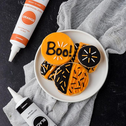 Sweets Indeed Dye-Free Halloween Frosting & Sprinkles Set – 8.22 oz | 2 Frosting Tubes (Orange & Black) + 2 Decorating Tips + 2 oz Sprinkle Mix (Black, Orange & White) | No Artificial Dyes Cupcake & Cookie Decorating Kit