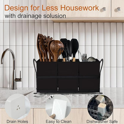 Large Utensil Caddy, Drainage Utensil Holder for Kitchen Counter, 3pcs Bins Set Cooking Utensil Organizer for Spoons, Spatulas, Black