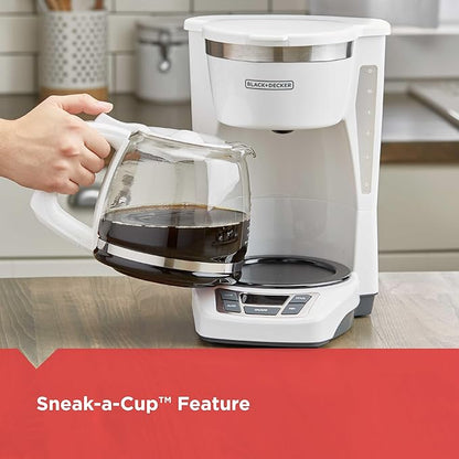 BLACK+DECKER 12-Cup Digital Coffee Maker, CM1160W, Programmable, Washable Basket Filter, Sneak-A-Cup, Auto Brew, Water Window, Keep Hot Plate, White