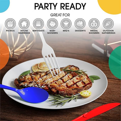 Party Solids Patriotic Plastic Silverware Heavy Duty 150 Pieces Patriotic Plastic Cutlery Sets, Utensil Sets, 50 Of Each Forks, Knives & Spoons Disposable Cutlery Set, Flatware Set For Party Supplies