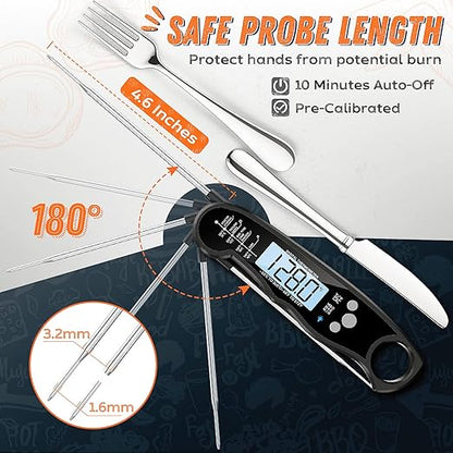 Digital Meat Thermometer, Waterproof Instant Read Food Thermometer for Cooking and Grilling, Kitchen Gadgets, Accessories with Backlight & Calibration for Candy, BBQ Grill, Liquids, Beef, Turkey…