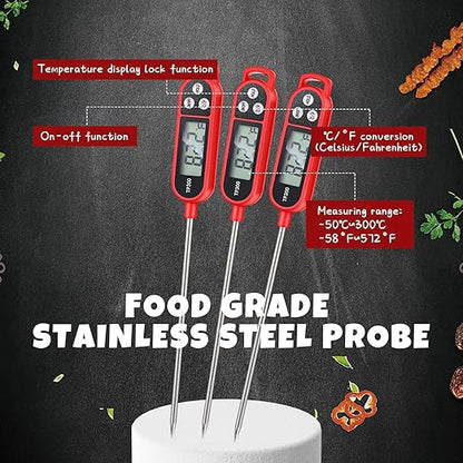 6 Pcs Instant Read Meat Thermometer with Long Probe 9.65 Inch Kitchen Cooking Food Candy Waterproof Digital Thermometer for BBQ Water Milk Yogurt Liquid Cooking(Red)