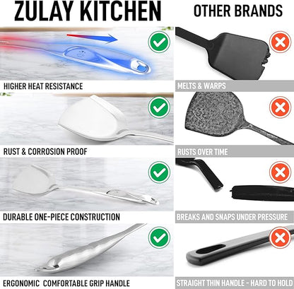 Zulay Kitchen Stainless Steel Wok Spatula - 14.8” Heat-Resistant Metal Turner for Stir-Fry, Sauté & Grilling - Durable, Rust-Proof & Dishwasher Safe Kitchen Utensil for Everyday Use