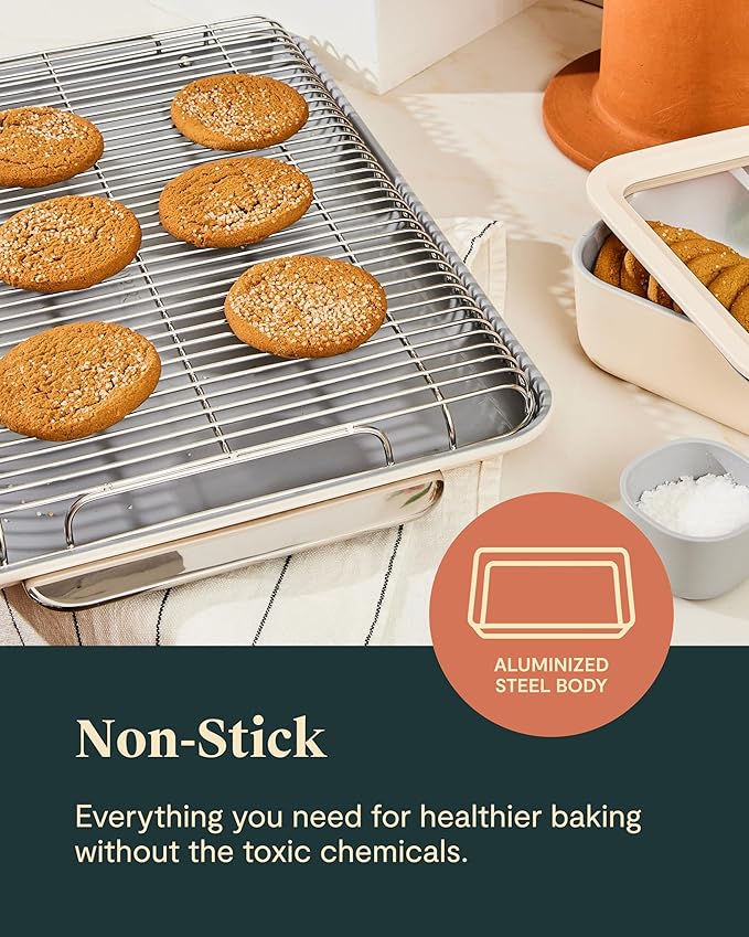 Caraway Nonstick Ceramic Bakeware Set (11 Pieces) - Baking Sheets, Assorted Baking Pans, Cooling Rack, & Storage - Aluminized Steel Body - Non Toxic, PTFE & PFOA Free - Cream