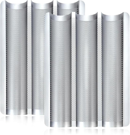 Hesanzol Baguette Pans for Baking 15" x 11", Carbon Steel 3 Loaf Nonstick Baguette Baking Tray for French & Italian Perforated French Bread Pan (2pack - Silver)