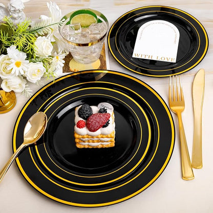 bUCLA 600PCS Black and Gold Disposable Dinnerware Set - Black Plastic Plates Disposable for Party Include 100 Dinner&100 Dessert Plates,100 Knives,100 Forks,100 Spoons,100 Cups for Party & New Year